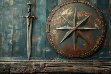 Both the sword and shield are mounted on a wall with a textured surface