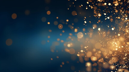 abstract background with Dark blue and gold particle. Christmas Golden light shine particles bokeh on navy blue background. Gold foil texture. Holiday concept.