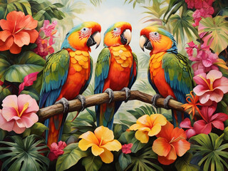 samba of colors: parrots amidst lush foliage