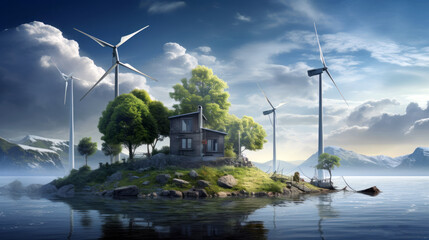 House on the island in the sea with wind turbines