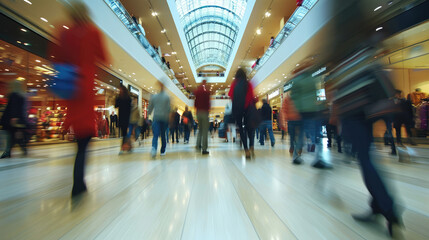 shopping mall full of people in motion, blurred people, shopping concept