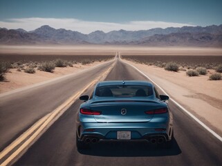 Fototapeta na wymiar Blue Car Driving Down Desert Road. Generative AI.