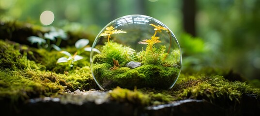 Glass globe on green moss in nature, symbolizing environment conservation and sustainability