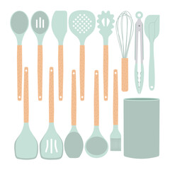 Kitchen utensils set. Kitchenware, cooking tools. Silicone kitchen utensil set with storage bucket. Minimalistic flat vector isolated on white background.