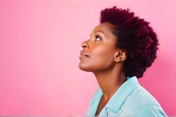 Photo of woman interested look empty space offer proposition discount isolated on pink color background