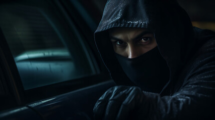 Undercover Intrigue: Man in Black Hoodie Concealed Behind the Door, Embracing the Aesthetic of Auto Body Works and Dazzling Chiaroscuro, Evoking a Mysterious Burglar Vibe - obrazy, fototapety, plakaty