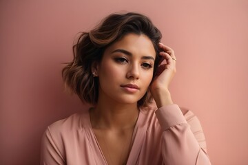 portrait of a young woman against pink background