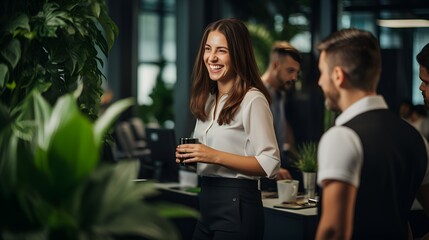 Young employee engaged in casual conversation in the office , Young employee, casual conversation, office