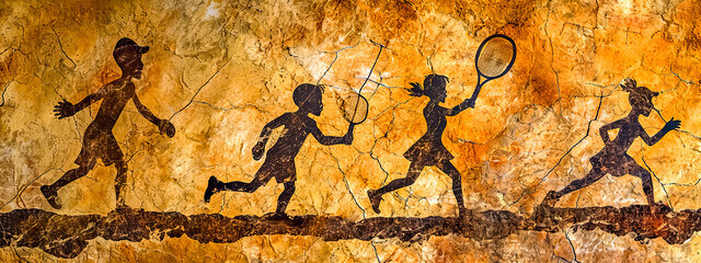 Ancient-style mural of people playing tennis on cracked surface