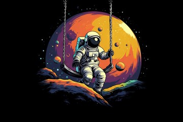 Astronaut having fun on the moon: creative illustration for t-shirt design - obrazy, fototapety, plakaty