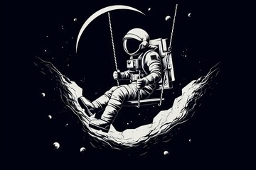 Astronaut having fun on the moon: creative illustration for t-shirt design - obrazy, fototapety, plakaty