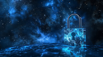 lock and key - a blue colored padlock in the form of wires on black background, in the style of dotted, fluid networks