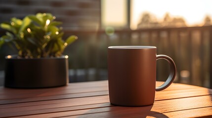Balcony View of a dark brown Mug on a wooden Table. Close up with a blurred Background