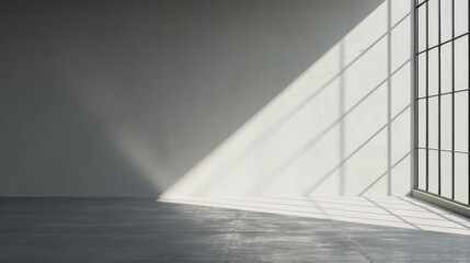 Empty room with minimalist light grey wall background with sun shadow for product presentation