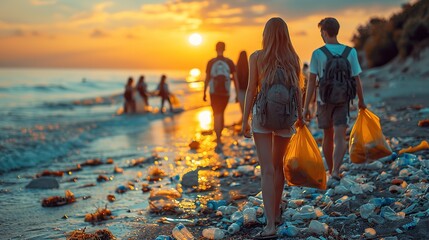 Teenager volunteers cleaning the sea beach by collecting garbage into plastic bag at sunset - obrazy, fototapety, plakaty