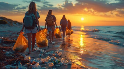 Teenager volunteers cleaning the sea beach by collecting garbage into plastic bag at sunset