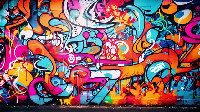 Closeup of vibrant graffiti mural with intricate patterns and bold colors.