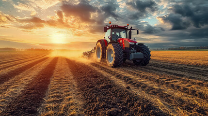 Obraz premium Farmer driving a tractor preparing land in a field , Agricultural vehicle works