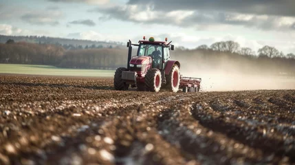 Rolgordijnen Farmer driving a tractor preparing land in a field , Agricultural vehicle works © Atchariya63