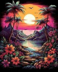 Tropical paradise: A colorful and vibrant background with palm trees and flowers for t-shirt design