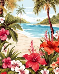 Fototapeta na wymiar Tropical paradise: A colorful and vibrant background with palm trees and flowers for t-shirt design