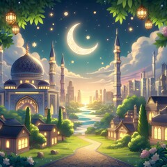 Ramadan Kareem background with mosque and lanterns. Anime Style illustration. ramadan kareem, eid mubarak and eid fitr concept.