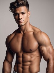 Fototapeta premium Man Posing for Picture Without Shirt On - Striking Pose for the Camera. Generative AI.