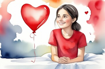 A teenage girl with dark hair, wearing a red T-shirt, is sitting looking at a heart-shaped balloon.