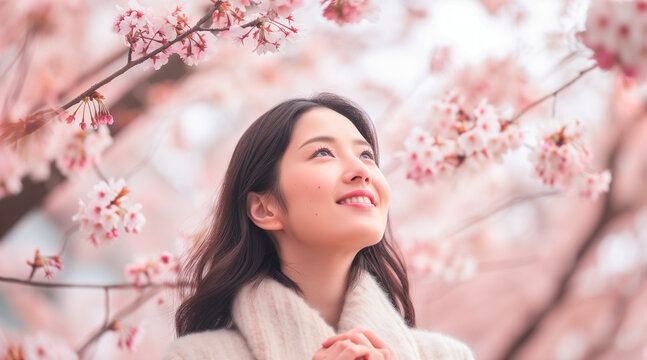 Portrait of happy and smiling young Japanese woman in spring park, positive and cheerful young woman enjoying walk outdoors in cherry blossom forest