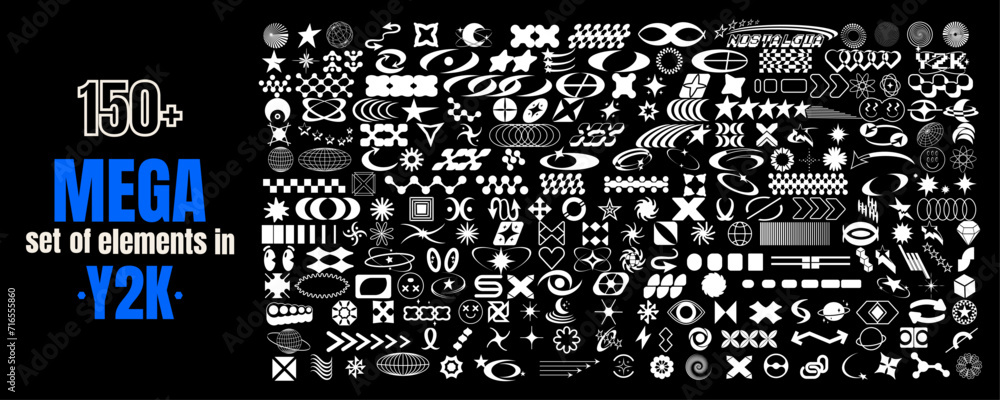 Aufkleber mega set of elements, shapes in modern futuristic y2k style. collection of abstract geometric symbol