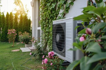 Fototapeta na wymiar Air source heat pump installed in residential building.