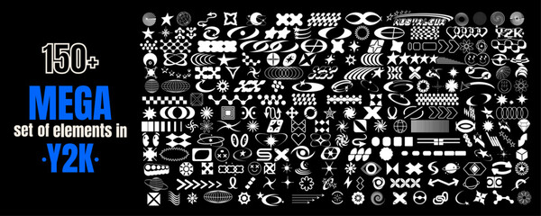 Mega set of elements, shapes in modern futuristic y2k style. Collection of abstract geometric symbols. Retro. Brutalism. Simple figures. Minimalistic design of universal stickers. Geometric objects. 