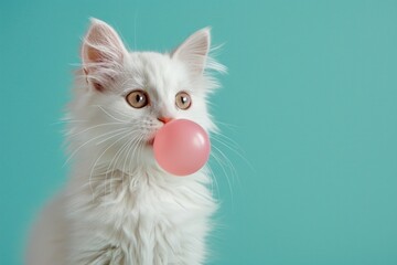 The funny white cat appears to be blowing a pink bubblegum bubble, captured against a vibrant turquoise background.
