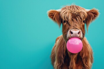 The funny cow appears to be blowing a pink bubblegum bubble, captured against a vibrant turquoise background. - obrazy, fototapety, plakaty