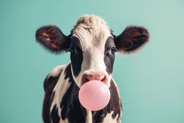 The funny cow appears to be blowing a pink bubblegum bubble, captured against a vibrant turquoise background.