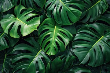 Green tropical monstera leaves. Background of various green tropical leaves.