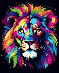 Colorful vector illustrations of a lion's face in vibrant hues for t-shirt design