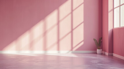 Empty room with minimalist blush pink wall background with sun shadow for product presentation