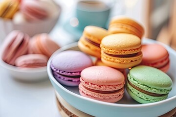 Obraz premium Sweet colorful macaroons in plates on the table.