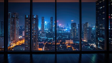 An empty room in a skyscraper and a view of the night city. Beautiful expensive property with a view.