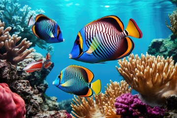 Fototapeta na wymiar Fish over a coral reef in the sea.