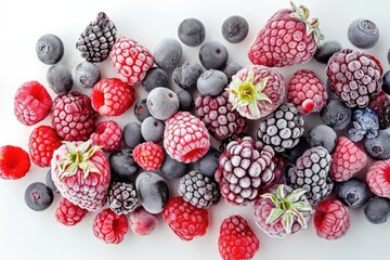 Frozen forest fruits, raspberries, blackberries and blueberries on a white background