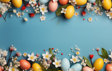 Easter blue background with spring decorations