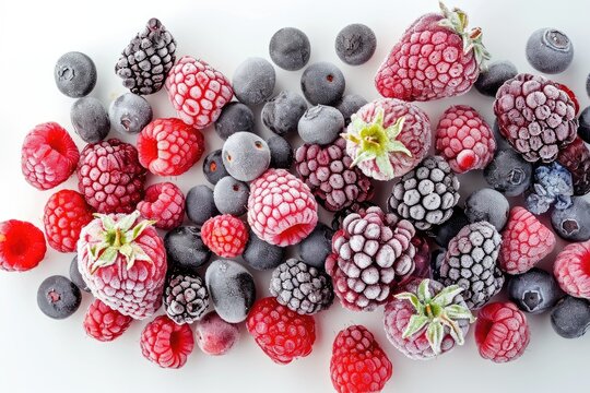 Frozen Forest Fruits, Raspberries, Blackberries And Blueberries On A White Background