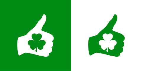Día de San Patricio. Símbolo pulgares arriba. Silueta de trébol en mano con el dedo pulgar arriba para su uso en felicitaciones y tarjetas
