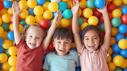 Fototapeta na wymiar Above view portrait of three happy little kids in ball pit smiling at camera raising hands while having fun in children play center, copy space