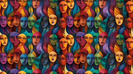 Modern female face seamless pattern in the style of Cubism, Neoplasticism and Bauhaus. Perfect woman for interior design, printing