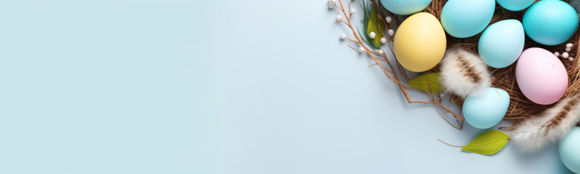 Osterbanner mit bemalten Eiern  auf hellblauem Hintergrund. Draufsicht, flach gelegt mit Kopierraum