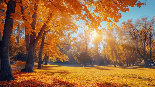 Autumn scene. Bright colorful landscape yellow trees in autumn park. Fall nature.