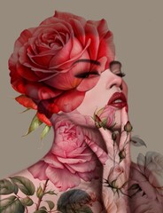 Digital artwork showcasing a stunning woman adorned with roses through a mixed technique. This masterpiece is crafted by painting on iPad and seamlessly integrating commercially usable flower elements